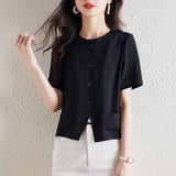 Summer Japan And South Korea New Five-Sleeved Shirt Women's Short-Sleeved Shirt Temperament Coat Short-Sleeved Cotton Top
