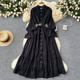 French Court Retro Elegant Dress Women's Collar Horn Sleeves To Close Single Buckle Lace Splicing Large Swing Dress