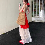 Dopamine Wears Red Bare Shoulder-Backed Neck Chiffon Shirt + Holiday Wind Skirt Skirt Long Skirt Two Sets