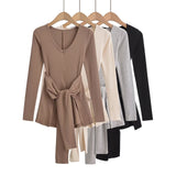 Spice Girls Autumn New Thickened Y-Neck Spliced Waist Strap Two Sets Of Long-Sleeved T-Shirts Thin