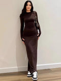 Ins Finger Buckle Solid Color Round-Neck Long-Sleeved Dress Body-Body-Skinny Dress Woman Tide