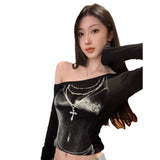 Korean Hottie Collared Shoulder Long-Sleeved T-Shirt Girl Autumn 2025 New Temperament Short Slim Slim Top Tide