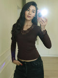 Purely Sexy New V-Neck Lace Lace Long-Sleeved T-Shirt Girl Spring And Autumn Hottie Slim Slimming Bottom Top Woman Tide