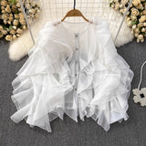 Round Collar Irregular Lotus Leaf Side Long Sleeve Loose Single-D Row Buckle Shirt Women's Spring And Autumn Design Sense French Casual Top