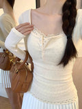 Lace Shredded Flower Long-Sleeved T-Shirt Fake Two-Piece Pure Women's Autumn And Winter Design Sense Short Slim Slimming Bottom Shirt