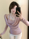 Pure Wind Hanging Neck Fake Two Long-Sleeved T-Shirts For The Autumn Women's New Body-Repair Short-Covered Tucked On The Shoulder Ins