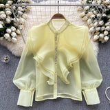 Autumn New Light Luxury Fairy Wind Lotus Leaf Side Long-Sleeved Shirt Female Mesh Design High-End Temperament Blouse