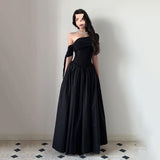 French Hepburn Wind Shoulder Fluttering Large Skirt Black Dress Women's New Thin Temperament Royal Sister