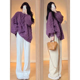 Autumn And Winter New Solid Color Soft Sticky Flower Sweater Female Retro Loose Thick Sesame T-Shirt