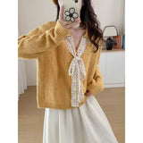 Kaning French V-Neck Bow Tie With Collar Knitted Shirt 2026 Autumn Dress Korean Wearing Lazy Wind Sweater