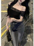 2026 Lace Splicing Sexy Bare Back Short Sleeve T-Shirt Girl Blue Slimming Hottie Thin Word Shoulder Short Model