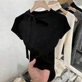 Apricot Design Hollow With Knitted Short-Sleeved Women's Summer New Slimming Ice Silk Knitted Shirt Thin Top