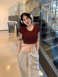 Ins Hottie Sexy Umbilly Short Pure Color T-Shirt Girl New Slim Slim Net Want U Collar Bottom Top Woman T-Tide