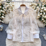 High-End Oceanic Heavy Industry Nail Pearl Sclins Stereo-Flower Shirt Women 2025 Spring Dress New Perspective Netɴ French Top