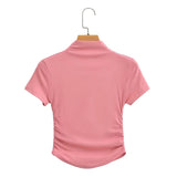 2025 Pure Lustful Wind Sexy Tight Chest Flanked Folded T-Shirt Thread Half-High Collar Short-Sleeved Top Woman
