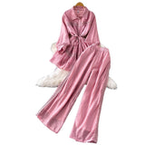 Gentle-Wind Pink Lace Spliced Lap-Over Shirt Long-Lens Waist Coat Two Sets Of High-Rise Thin Leg Pants