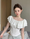 T-Shirt Girl Korean Gentle Wind Lotus Leaf Side Shoulder Short Sleeve Summer New Temperament Waist Solid Color Short Shirt