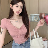 Pure Hot Girl Exposed Chest V-Neck Short-Sleeved T-Shirt Girls Summer Niche Design Sexy Tight Thread Elastic Short Top