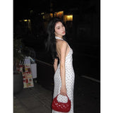 White Wave Dot V-Necked Neck Dress Women 2026 Summer New French Sexy Bareback Temperament Long Skirt
