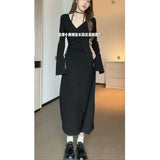 Yujie Style Pure Sexy Tying With V-Neck Dress Women Autumn And Winter New Slimming With Hot Girls Long Skirt