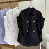 Design Sense Heavy Industry Nail Embroidery Shirt Loose Thin Age Shirt Women Short Sleeves
