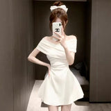 Light Luxury Rich Family Gold Pure Color Shoulder Dress Girl Small Man Waist A Short Dress Summer