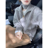 LEKA Old Money Wind Green V Lame Sea Hair Sweater Women Autumn And Winter Lazy High Sense Thick Collar Knitting Top