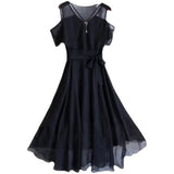 Summer Dress 2025 New Black Chiffon Dress Female Waist Thin Temperament Goddess Fan Summer Light Style Dress