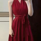 Pure-Want Red Hanging Neck Dress Woman 2025 Early Spring New A-Character Sister To Close The Belt To Repair The Body Of The Long Dress