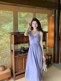 French Retro White Purple Sling Dress Women's Summer New High-End Feeling Waist Show Body Long Skirt