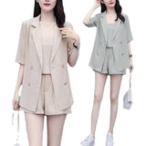 Large-Size Women's Summer New Meat-Covery Temperament Sling Suit Suit Jacket With Thin Shorts Three-Piece Set