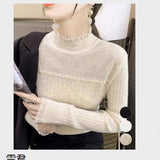 KANING Stylish Stylish Temperament Pearl T-Shirt By Lace Knitted Shirt Half-Led Sweater