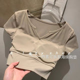 Summer New Solid Color With Chest Cushion V-Neck Short-Sleeved T-Shirt Women's Sports Yoga Suit With A Short Top