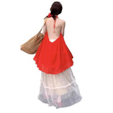Dopamine Wears Red Bare Shoulder-Backed Neck Chiffon Shirt + Holiday Wind Skirt Skirt Long Skirt Two Sets