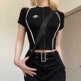 Vintage Locomotive Collar Zipper Short-Sleeved T-Shirt For The Summer New Front Shoulder Personality Handsome Embroidered Top