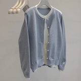 KANING Gray Fake Two-Piece Round-Neck Button Knitted Cardigan Women 2026 Autumn New Women's Korean Version Of Sweater Tide