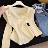 3.16/Spring New XUAN XIAO JIE Wooden Ear Lace V-Neck Soft-Creined Knitted Cardigan