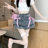 2026 Summer New Pure Wind Bow High-Waist A-Word Cake Cowboy Half-Dress Pony Short Skirt Woman