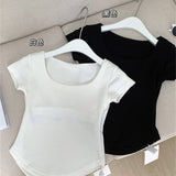 Summer Solid Color With Chest Cushion Square Collar Short-Sleeved T-Shirt Women's Fashion Sports Yoga Clothes