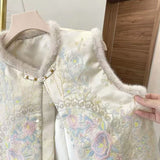 New Chinese Wind And Cotton Thicken Collar Buckle Embroidered Vest Winter Temperament Warm Loose Woolen Collar Top