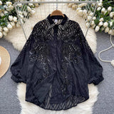 Ocean Gas Age Reduction Shirt Female French Heavy Industry Shiny Embroidery Diamond Set High-End Lantern Sleeve Thin Top Tide