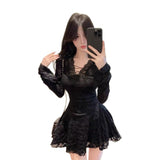 Trend Temperament V Collar Long-Sleeved Lace Dress Women's Waists Thin Spring Beautiful Horn Sleeves Short Skirt