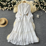French Court Retro Elegant Dress Women's Collar Horn Sleeves To Close Single Buckle Lace Splicing Large Swing Dress