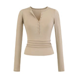 V-Neck Button Long-Sleeved T-Shirt V Collar Slimming Top New