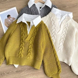 Sweater Autumn And Winter Splicing Women's Shirt Wearing Design Sense Of A Small Collar Loose Jasmine Knitted Shirt Two