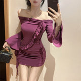 Hottie Wind Lotus Leaf Side Horns Purple Dress Women Autumn And Winter New Tight Body With Ass Skirt