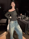 Ins Sexy Pure Hottie Word Shoulder Long-Sleeved T-Shirt Girl Retro Stripe Long Sleeves Bottom Shirt Female Tide