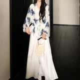 New Chinese Long-Sleeved Linen Shirt Top Women's Summer Thin Loose Lazy Wind V-Neck Shirt Skirt Suit