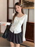 Unique Collar Long-Sleeved T-Shirt Women's Fake Two Wooden Ear Buckle Blouse Early And Autumn Wearing V-Neck Bottom Shirt