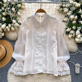 French Design Sense Of A Small Chic Top Female Heavy Industry Nail Lace Splicing Bead Mesh Yarn Shirt Female Gentle Wind